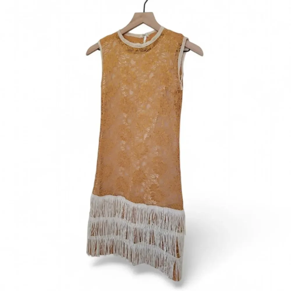 Flapper Dress Child Vintage Costume Gold and White Lace Fringe Youth Medium